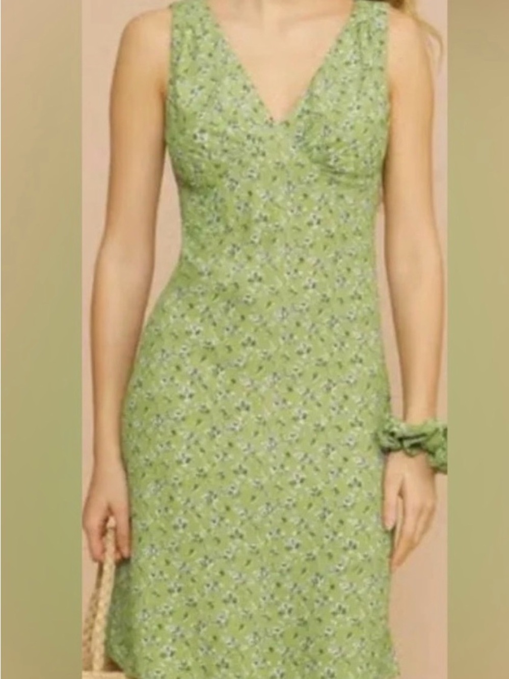 Rouje Light Green Floral V-Neck Midi Dress